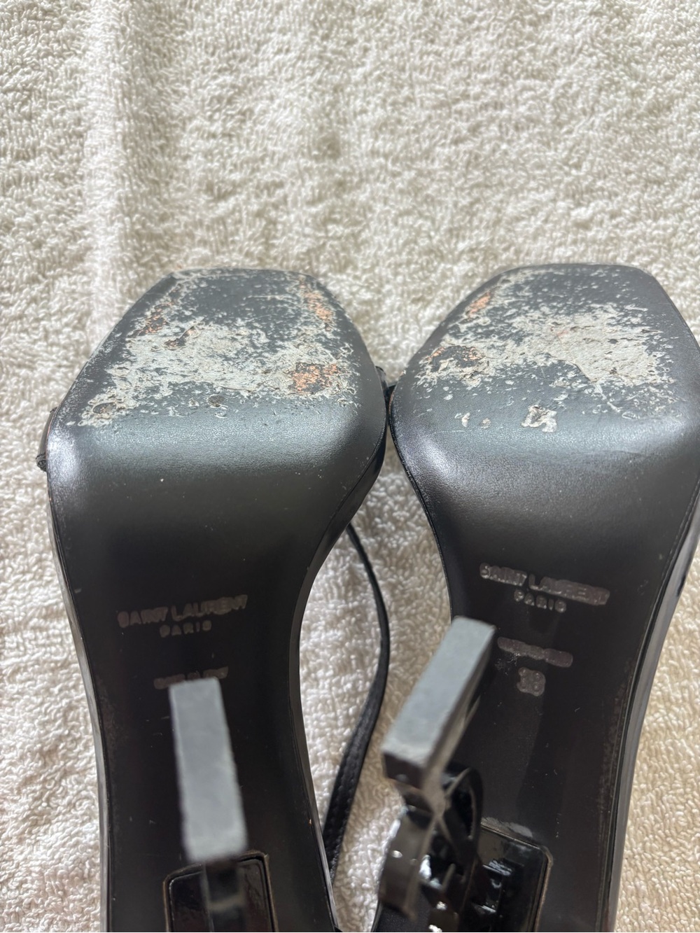 Saint Laurent Black Patent Opyum Logo Heel Sandals with Ankle Strap - Picture 5 of 6